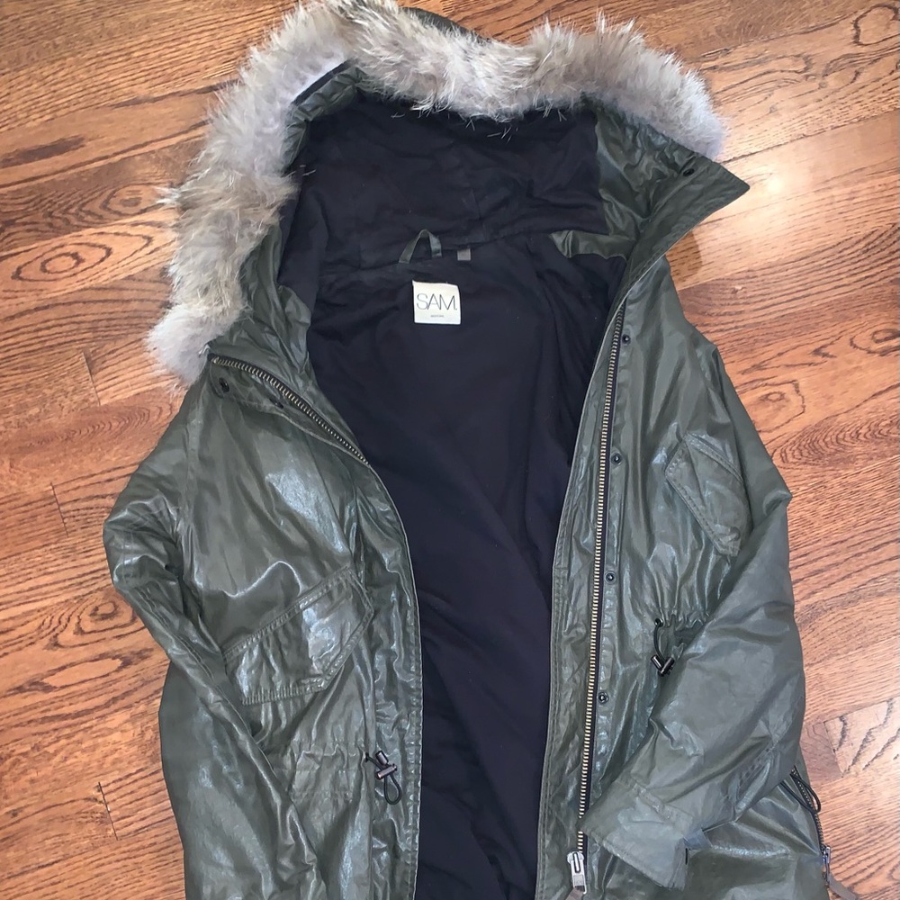 SAM parka jacket cool green color with fur trim hood